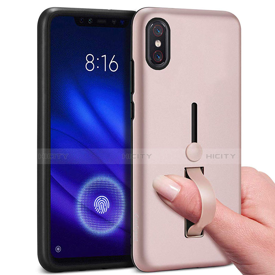 Funda Bumper Silicona y Plastico Mate Carcasa con Anillo de dedo Soporte para Xiaomi Mi 8 Pro Global Version Oro Rosa