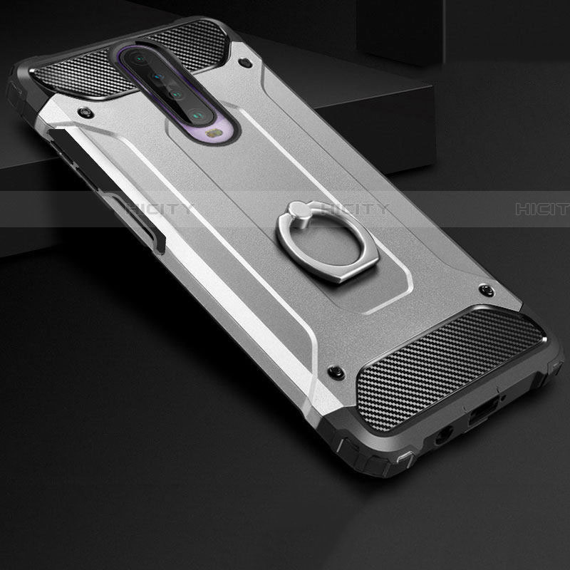 Funda Bumper Silicona y Plastico Mate Carcasa con Anillo de dedo Soporte para Xiaomi Redmi K30 4G Plata