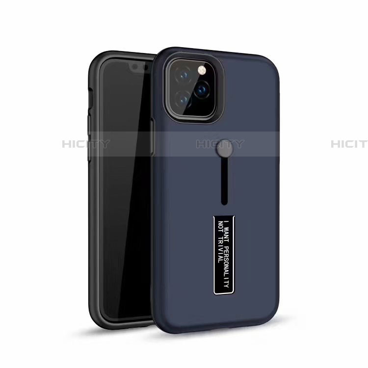 Funda Bumper Silicona y Plastico Mate Carcasa con Anillo de dedo Soporte S01 para Apple iPhone 11 Pro Azul