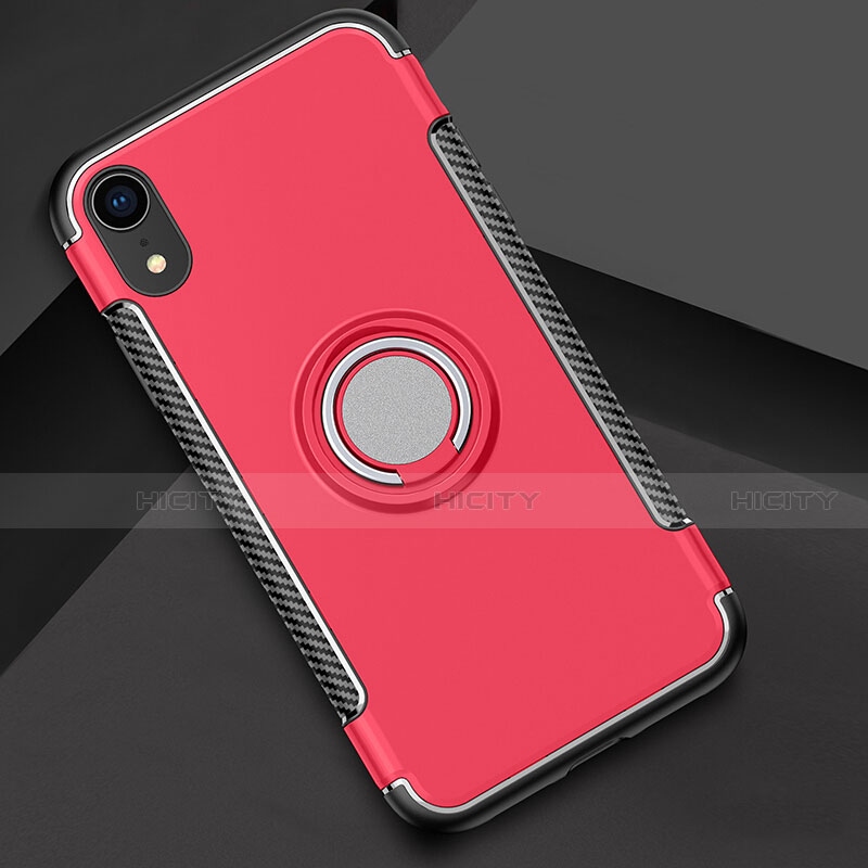 Funda Bumper Silicona y Plastico Mate Carcasa con Anillo de dedo Soporte S01 para Apple iPhone XR Rojo