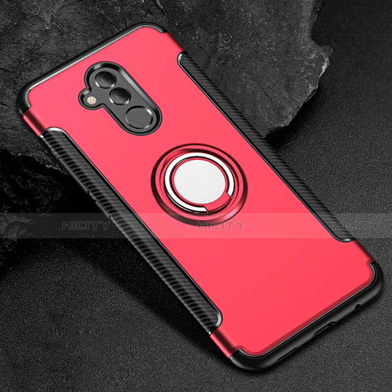 Funda Bumper Silicona y Plastico Mate Carcasa con Anillo de dedo Soporte S01 para Huawei Mate 20 Lite Rojo