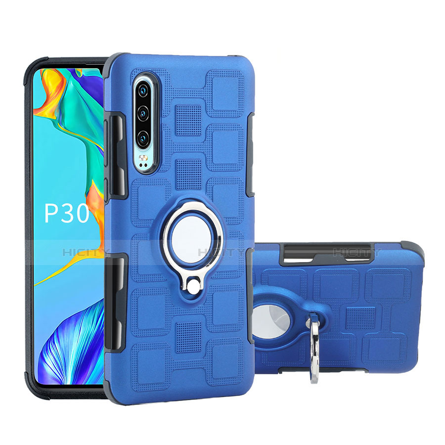 Funda Bumper Silicona y Plastico Mate Carcasa con Anillo de dedo Soporte S01 para Huawei P30 Azul