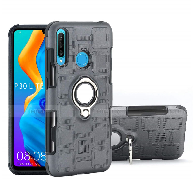 Funda Bumper Silicona y Plastico Mate Carcasa con Magnetico Anillo de dedo Soporte A01 para Huawei Nova 4e Gris