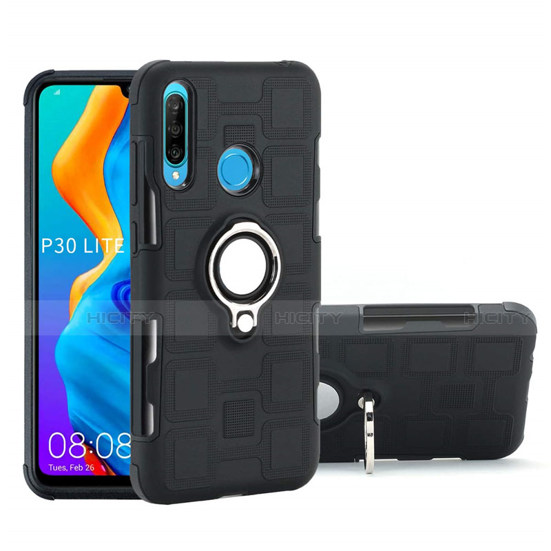 Funda Bumper Silicona y Plastico Mate Carcasa con Magnetico Anillo de dedo Soporte A01 para Huawei Nova 4e Negro