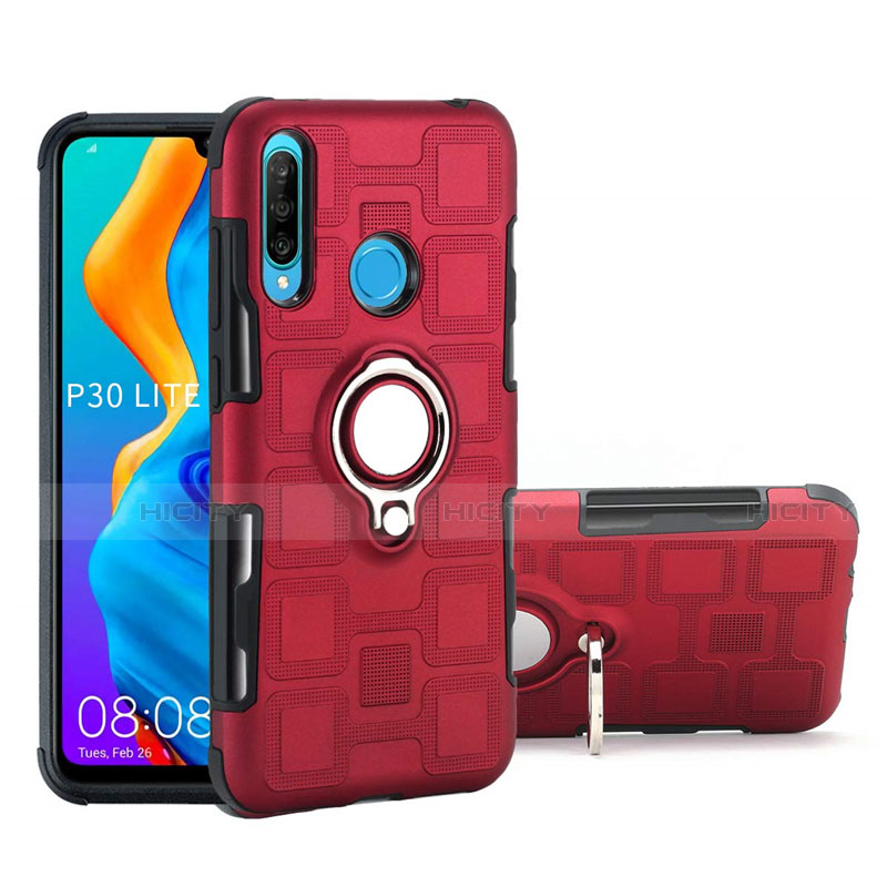 Funda Bumper Silicona y Plastico Mate Carcasa con Magnetico Anillo de dedo Soporte A01 para Huawei Nova 4e Rojo