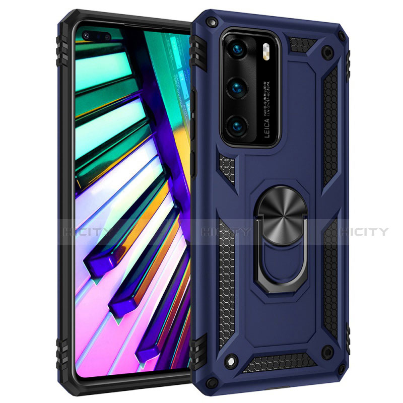 Funda Bumper Silicona y Plastico Mate Carcasa con Magnetico Anillo de dedo Soporte C01 para Huawei P40 Azul