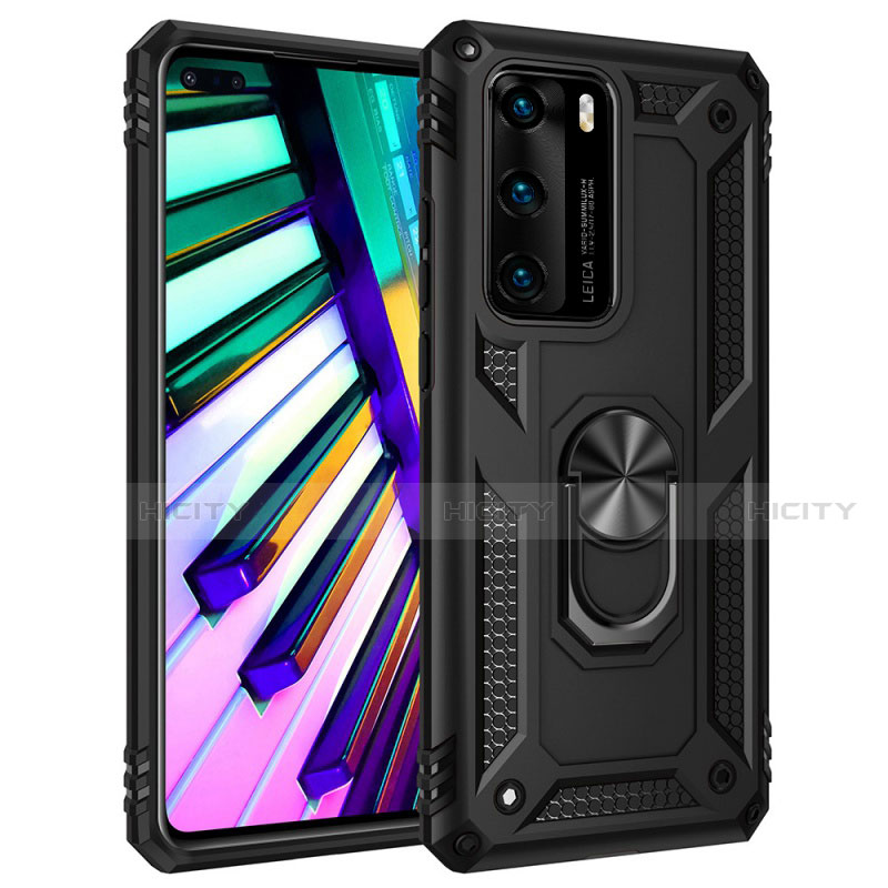 Funda Bumper Silicona y Plastico Mate Carcasa con Magnetico Anillo de dedo Soporte C01 para Huawei P40 Negro