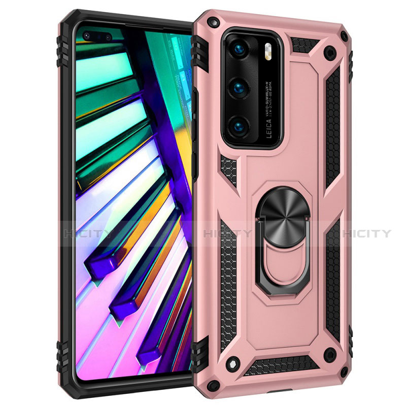 Funda Bumper Silicona y Plastico Mate Carcasa con Magnetico Anillo de dedo Soporte C01 para Huawei P40 Oro Rosa