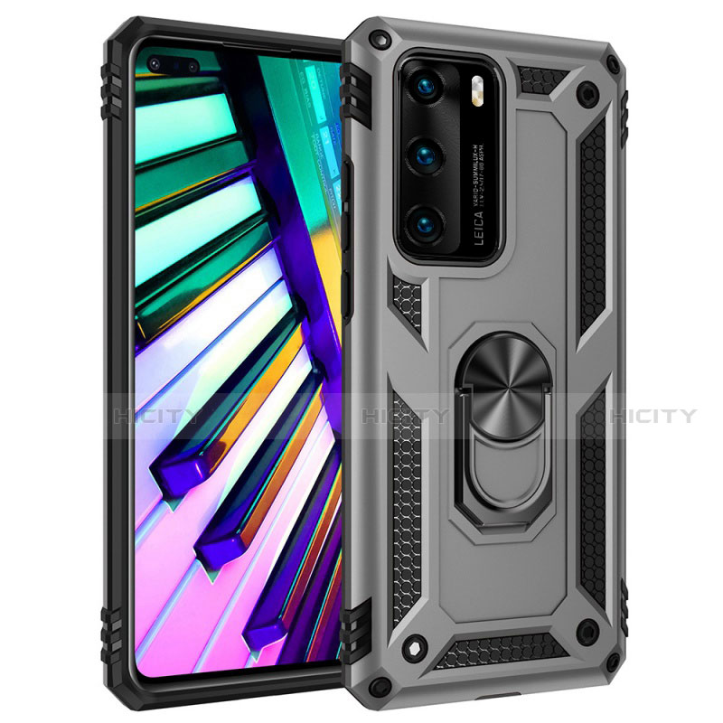 Funda Bumper Silicona y Plastico Mate Carcasa con Magnetico Anillo de dedo Soporte C01 para Huawei P40 Plata