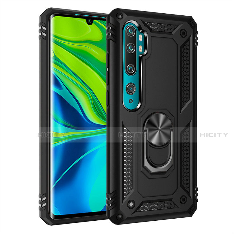 Funda Bumper Silicona y Plastico Mate Carcasa con Magnetico Anillo de dedo Soporte D01 para Xiaomi Mi Note 10 Negro