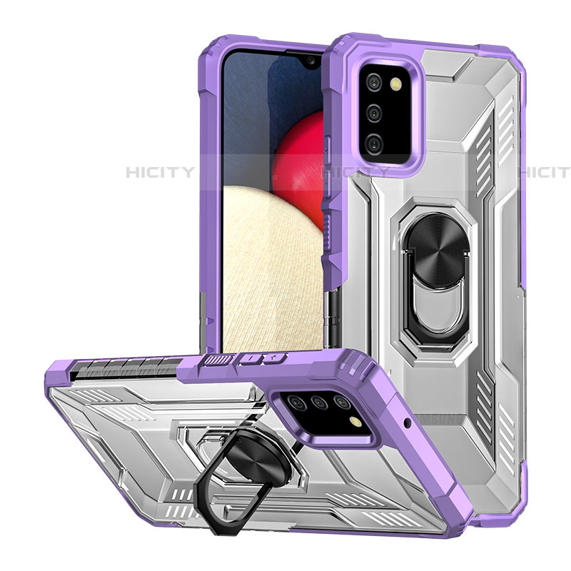 Funda Bumper Silicona y Plastico Mate Carcasa con Magnetico Anillo de dedo Soporte J01S para Samsung Galaxy A03s Morado