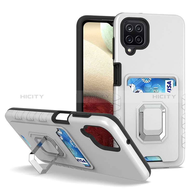 Funda Bumper Silicona y Plastico Mate Carcasa con Magnetico Anillo de dedo Soporte J01S para Samsung Galaxy A12 Nacho Plata