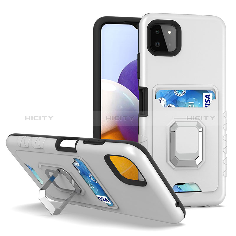 Funda Bumper Silicona y Plastico Mate Carcasa con Magnetico Anillo de dedo Soporte J01S para Samsung Galaxy A22s 5G Plata