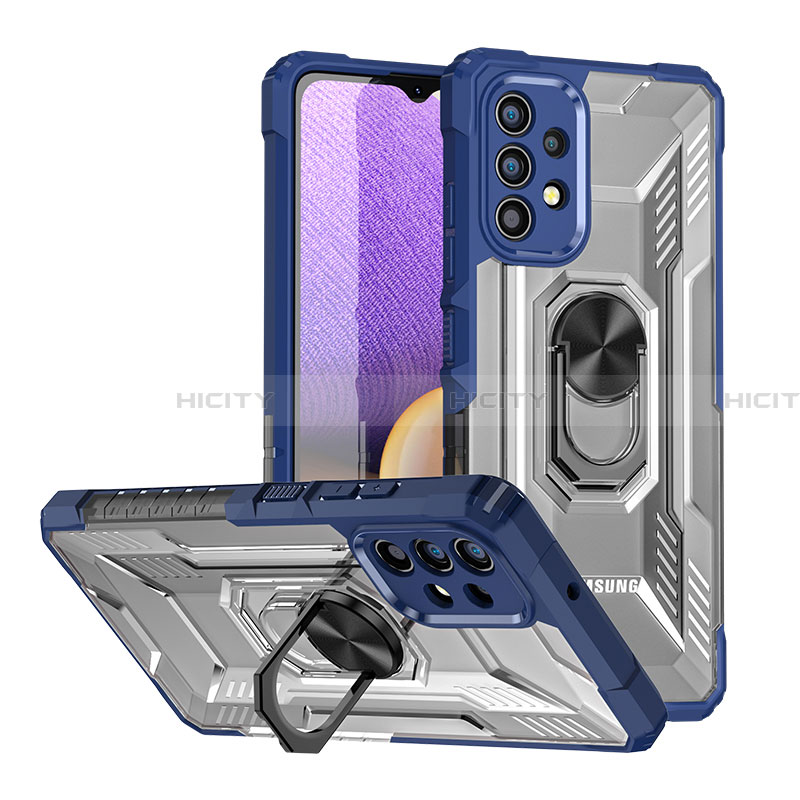 Funda Bumper Silicona y Plastico Mate Carcasa con Magnetico Anillo de dedo Soporte J01S para Samsung Galaxy A32 4G Azul