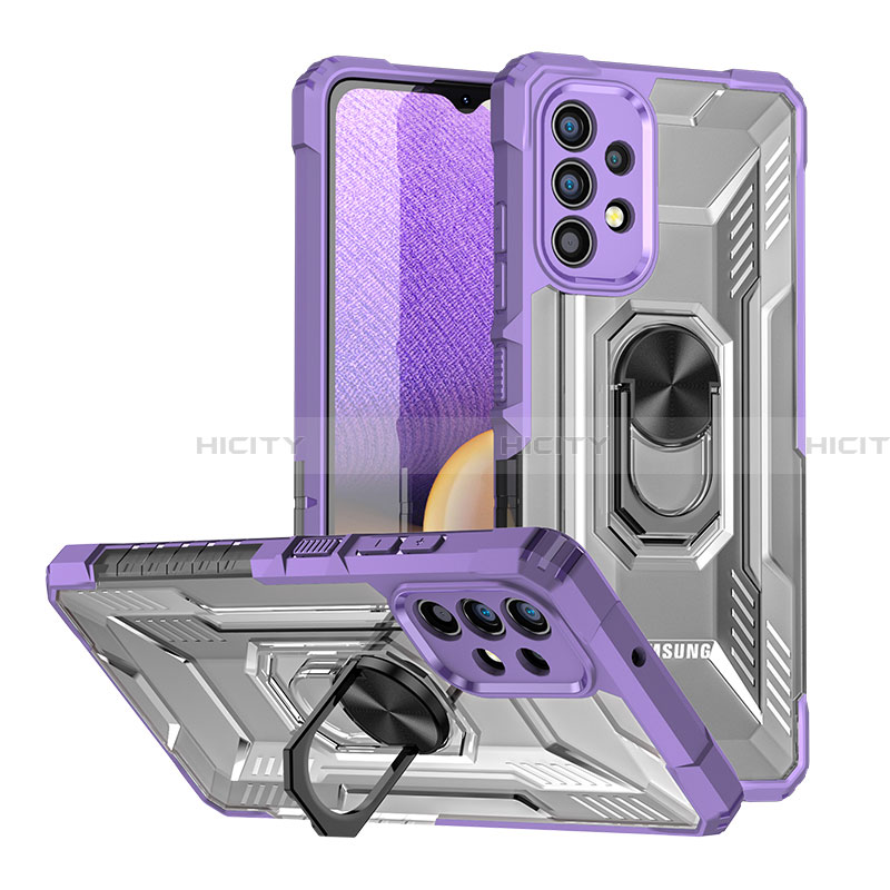 Funda Bumper Silicona y Plastico Mate Carcasa con Magnetico Anillo de dedo Soporte J01S para Samsung Galaxy A32 4G Morado