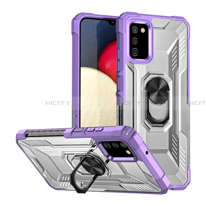 Funda Bumper Silicona y Plastico Mate Carcasa con Magnetico Anillo de dedo Soporte J01S para Samsung Galaxy F02S SM-E025F Morado