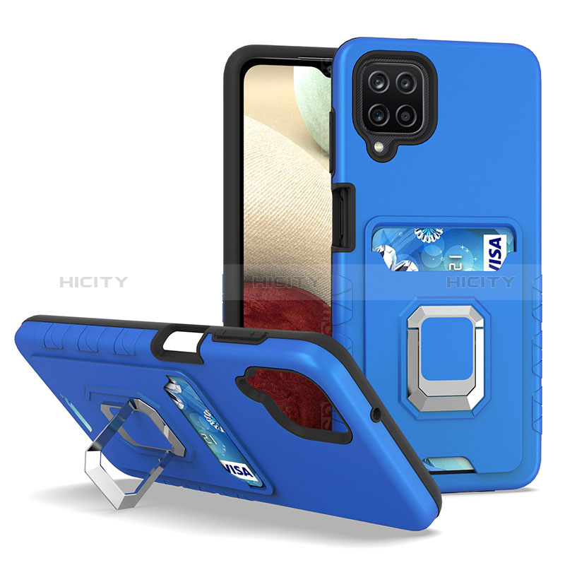 Funda Bumper Silicona y Plastico Mate Carcasa con Magnetico Anillo de dedo Soporte J01S para Samsung Galaxy F12 Azul