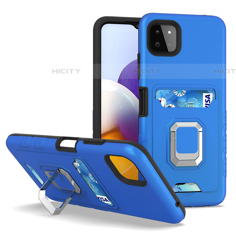 Funda Bumper Silicona y Plastico Mate Carcasa con Magnetico Anillo de dedo Soporte J01S para Samsung Galaxy F42 5G Azul