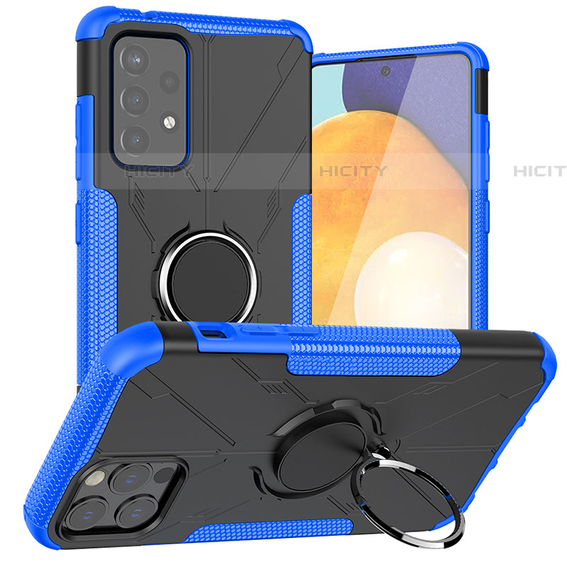 Funda Bumper Silicona y Plastico Mate Carcasa con Magnetico Anillo de dedo Soporte J01X para Samsung Galaxy A72 5G Azul