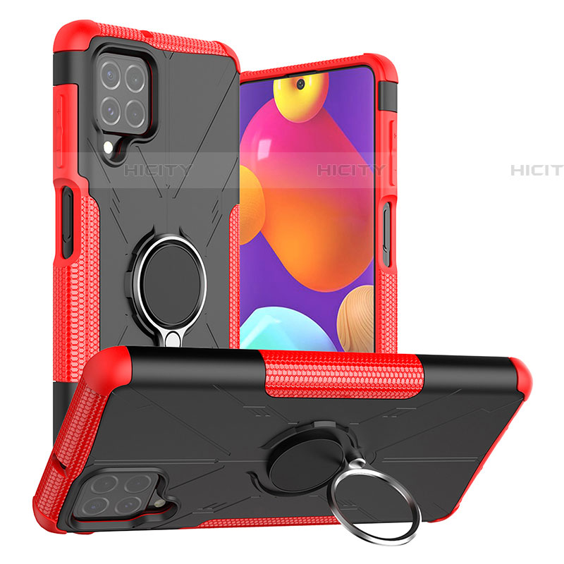 Funda Bumper Silicona y Plastico Mate Carcasa con Magnetico Anillo de dedo Soporte J01X para Samsung Galaxy F62 5G Rojo