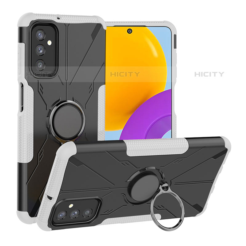 Funda Bumper Silicona y Plastico Mate Carcasa con Magnetico Anillo de dedo Soporte J01X para Samsung Galaxy M52 5G Plata