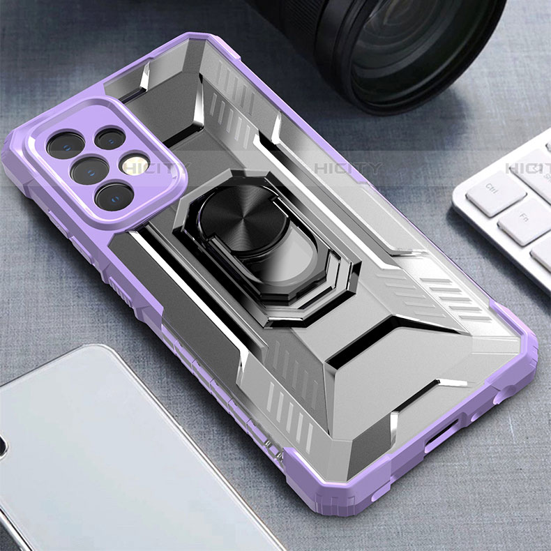 Funda Bumper Silicona y Plastico Mate Carcasa con Magnetico Anillo de dedo Soporte J02S para Samsung Galaxy A52 4G Morado