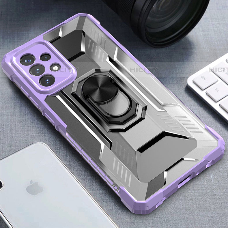 Funda Bumper Silicona y Plastico Mate Carcasa con Magnetico Anillo de dedo Soporte J02S para Samsung Galaxy A72 4G Morado