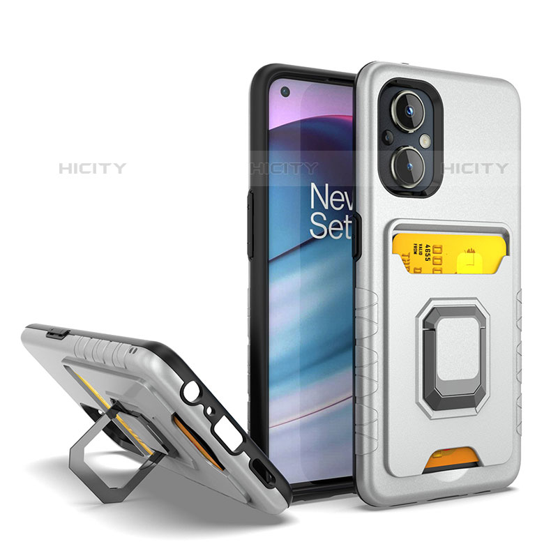 Funda Bumper Silicona y Plastico Mate Carcasa con Magnetico Anillo de dedo Soporte J03S para Oppo F21 Pro 5G Plata