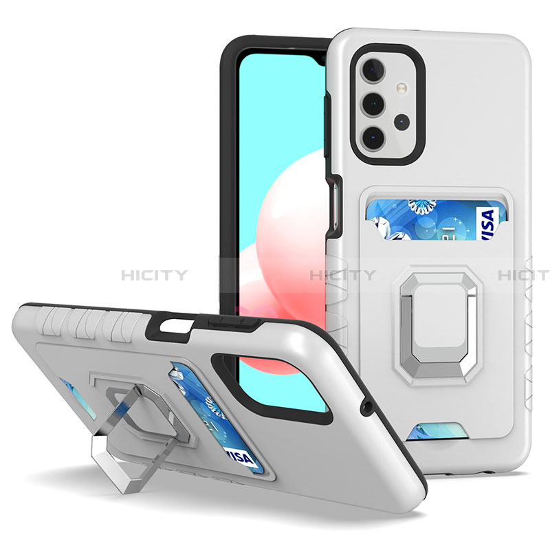 Funda Bumper Silicona y Plastico Mate Carcasa con Magnetico Anillo de dedo Soporte J03S para Samsung Galaxy A32 4G Plata