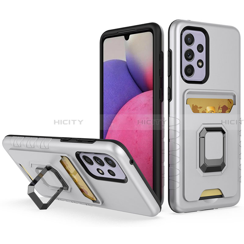 Funda Bumper Silicona y Plastico Mate Carcasa con Magnetico Anillo de dedo Soporte J03S para Samsung Galaxy A33 5G Plata