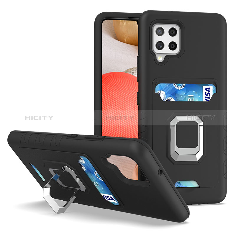 Funda Bumper Silicona y Plastico Mate Carcasa con Magnetico Anillo de dedo Soporte J03S para Samsung Galaxy A42 5G Negro