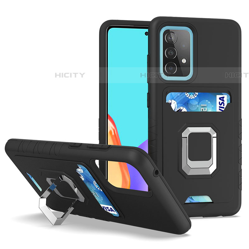 Funda Bumper Silicona y Plastico Mate Carcasa con Magnetico Anillo de dedo Soporte J03S para Samsung Galaxy A52 4G Negro