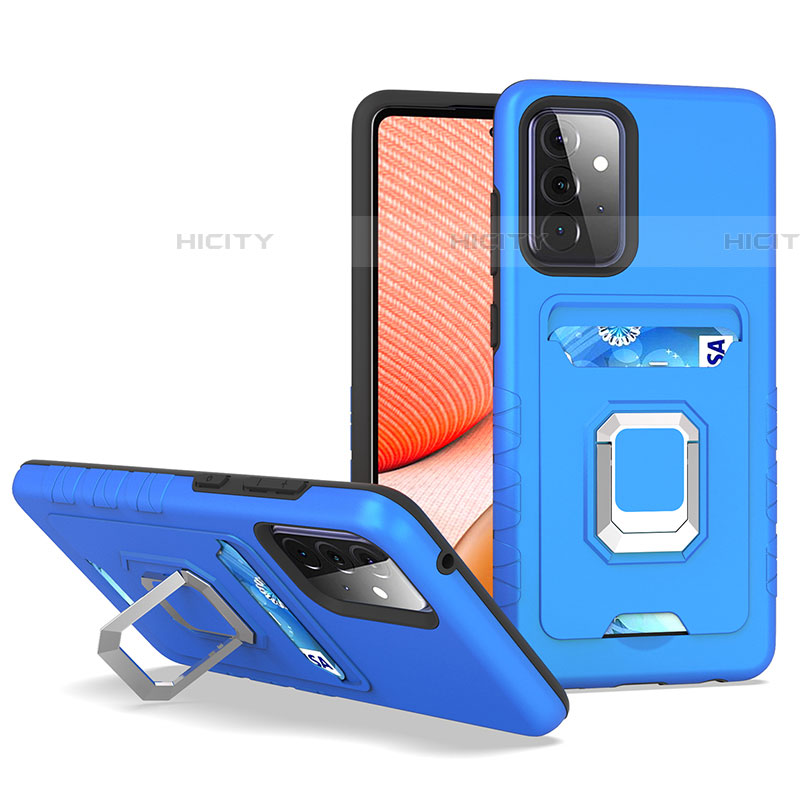 Funda Bumper Silicona y Plastico Mate Carcasa con Magnetico Anillo de dedo Soporte J03S para Samsung Galaxy A72 4G Azul