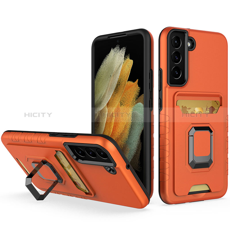 Funda Bumper Silicona y Plastico Mate Carcasa con Magnetico Anillo de dedo Soporte J03S para Samsung Galaxy S22 5G Naranja