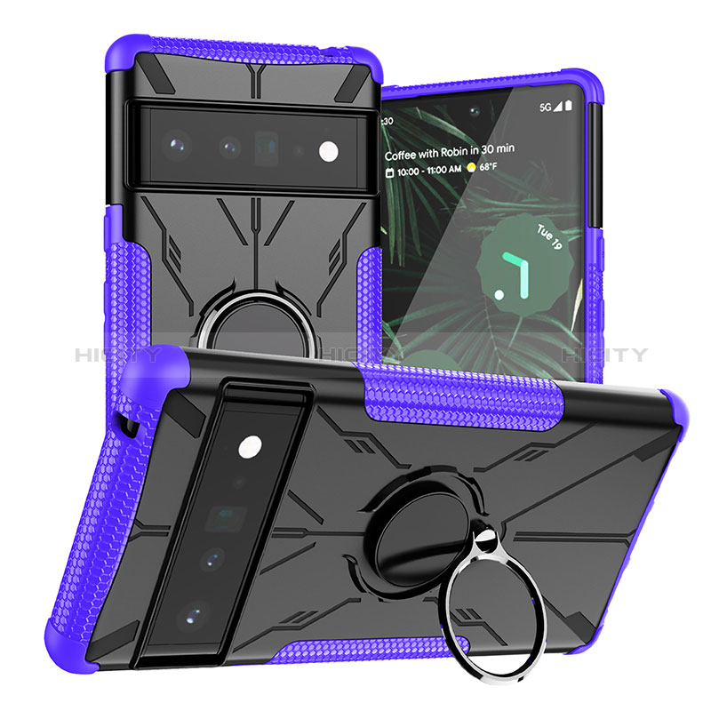 Funda Bumper Silicona y Plastico Mate Carcasa con Magnetico Anillo de dedo Soporte JX1 para Google Pixel 6 Pro 5G Morado