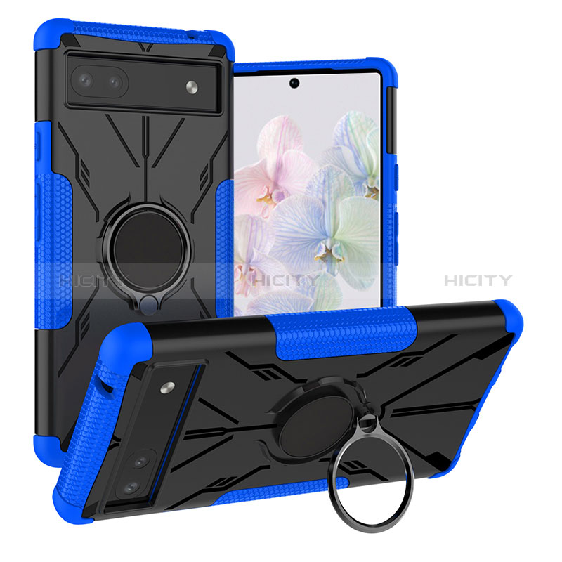 Funda Bumper Silicona y Plastico Mate Carcasa con Magnetico Anillo de dedo Soporte JX1 para Google Pixel 6a 5G Azul