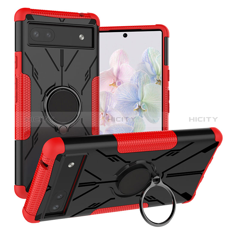 Funda Bumper Silicona y Plastico Mate Carcasa con Magnetico Anillo de dedo Soporte JX1 para Google Pixel 6a 5G Rojo