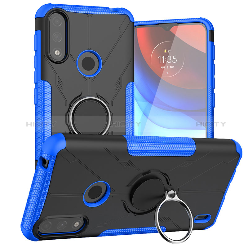 Funda Bumper Silicona y Plastico Mate Carcasa con Magnetico Anillo de dedo Soporte JX1 para Motorola Moto E7 Power Azul