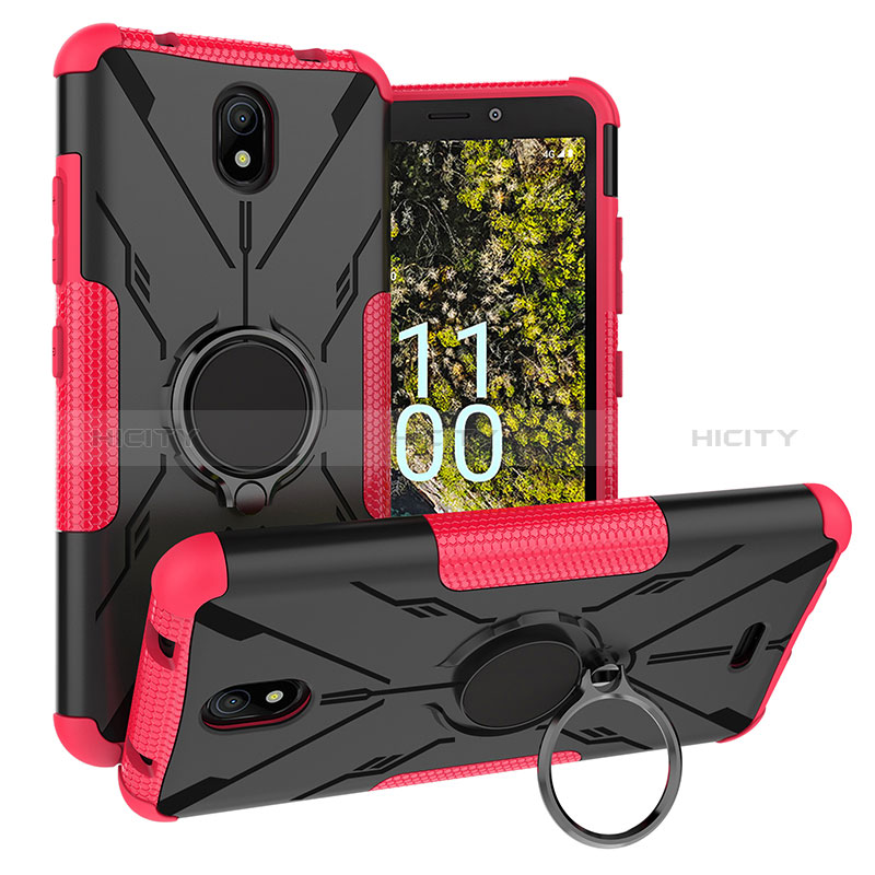 Funda Bumper Silicona y Plastico Mate Carcasa con Magnetico Anillo de dedo Soporte JX1 para Nokia C100 Rosa Roja