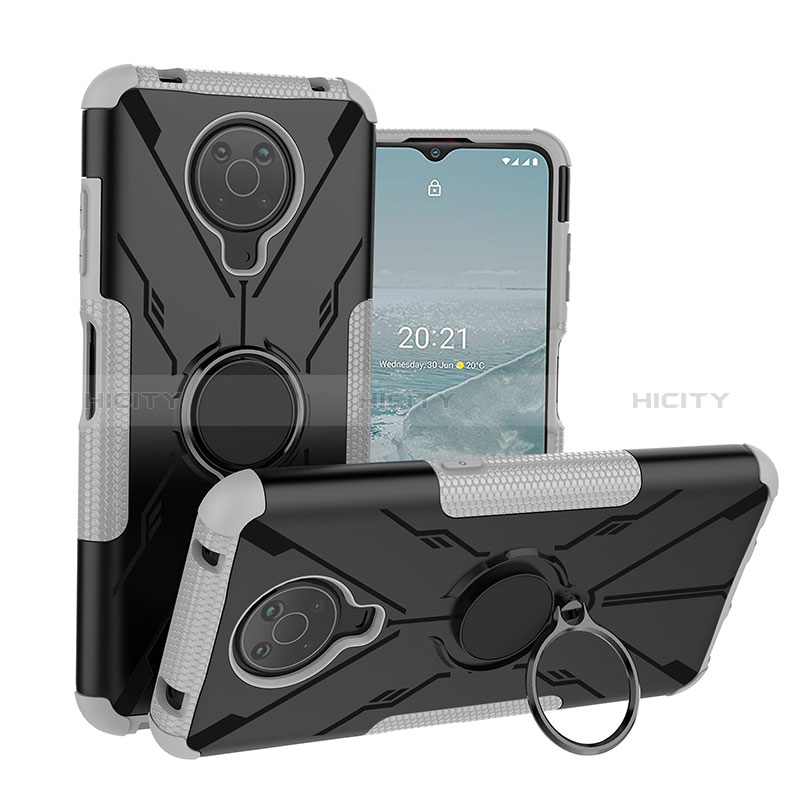 Funda Bumper Silicona y Plastico Mate Carcasa con Magnetico Anillo de dedo Soporte JX1 para Nokia G10 Plata