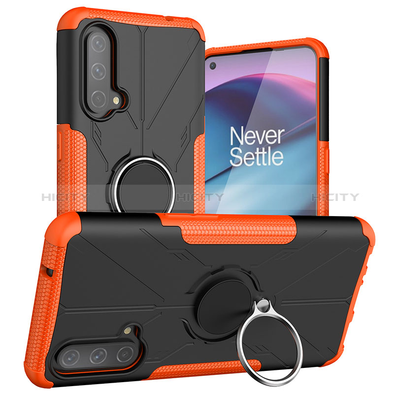 Funda Bumper Silicona y Plastico Mate Carcasa con Magnetico Anillo de dedo Soporte JX1 para OnePlus Nord CE 5G Naranja