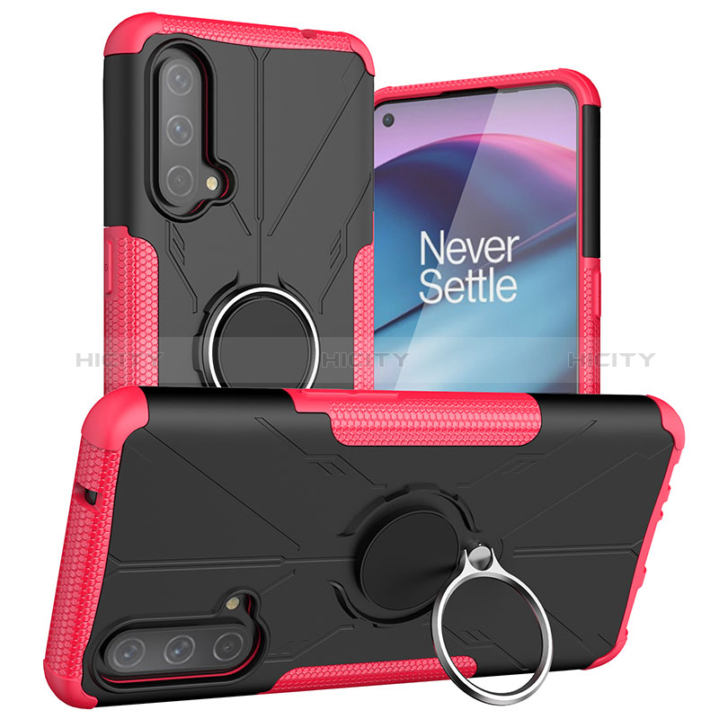 Funda Bumper Silicona y Plastico Mate Carcasa con Magnetico Anillo de dedo Soporte JX1 para OnePlus Nord CE 5G Rosa Roja