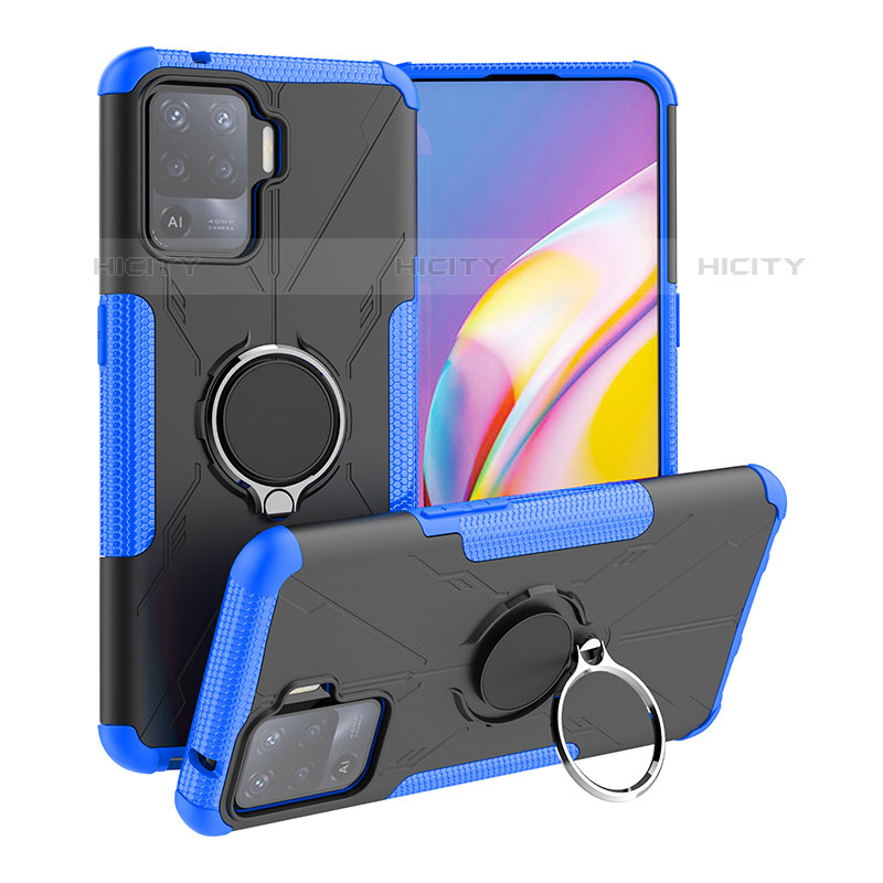 Funda Bumper Silicona y Plastico Mate Carcasa con Magnetico Anillo de dedo Soporte JX1 para Oppo A94 4G Azul