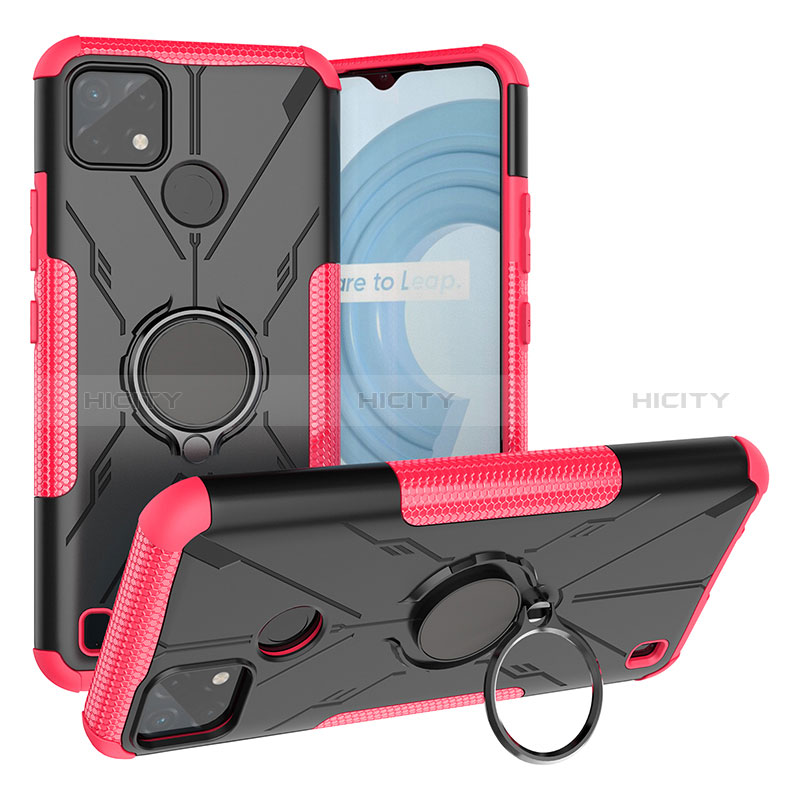 Funda Bumper Silicona y Plastico Mate Carcasa con Magnetico Anillo de dedo Soporte JX1 para Realme C21Y Rosa Roja