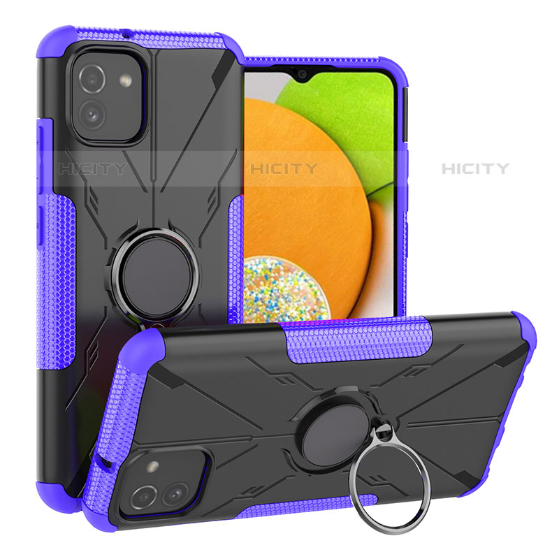 Funda Bumper Silicona y Plastico Mate Carcasa con Magnetico Anillo de dedo Soporte JX1 para Samsung Galaxy A03 Morado