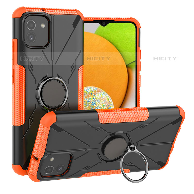 Funda Bumper Silicona y Plastico Mate Carcasa con Magnetico Anillo de dedo Soporte JX1 para Samsung Galaxy A03 Naranja