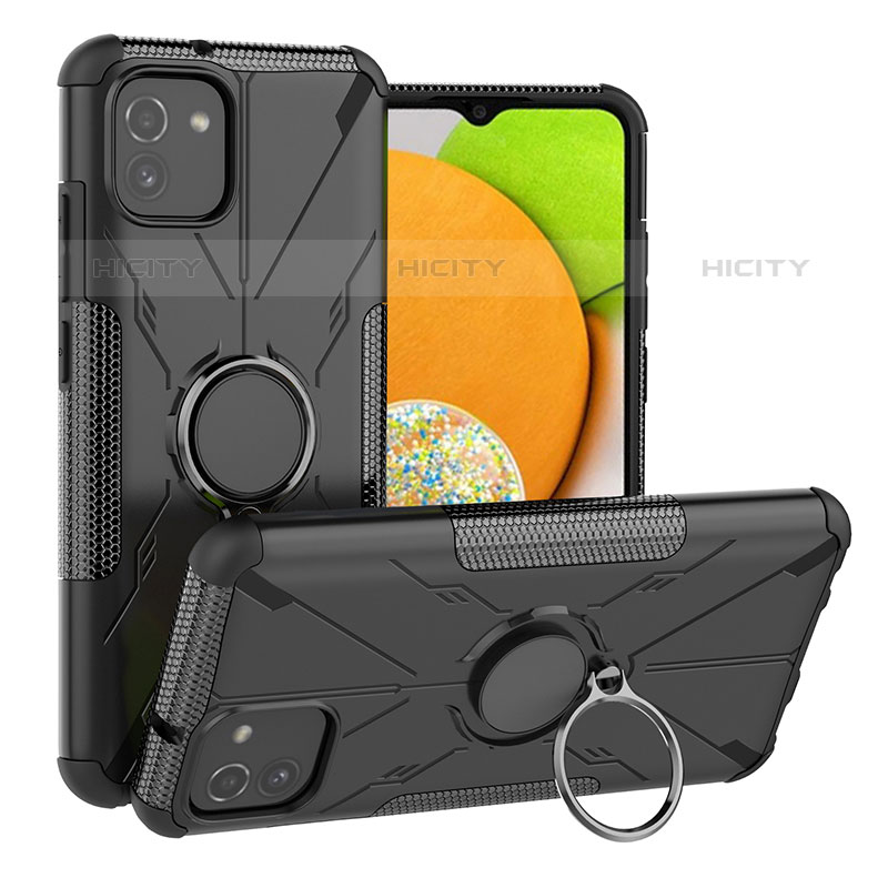 Funda Bumper Silicona y Plastico Mate Carcasa con Magnetico Anillo de dedo Soporte JX1 para Samsung Galaxy A03 Negro