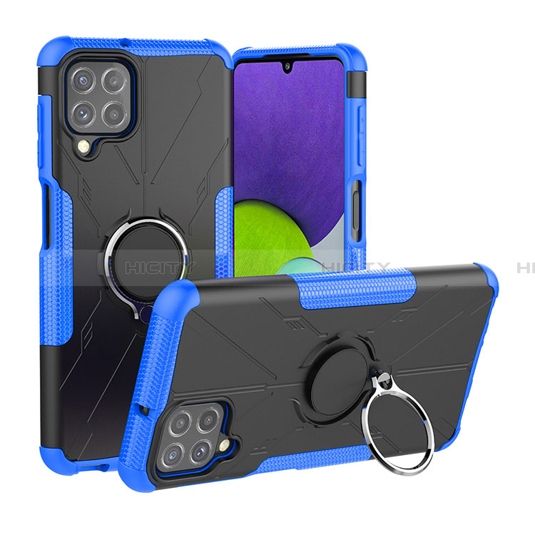 Funda Bumper Silicona y Plastico Mate Carcasa con Magnetico Anillo de dedo Soporte JX1 para Samsung Galaxy A22 4G Azul