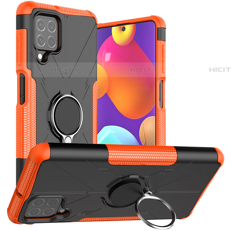 Funda Bumper Silicona y Plastico Mate Carcasa con Magnetico Anillo de dedo Soporte JX1 para Samsung Galaxy F62 5G Naranja