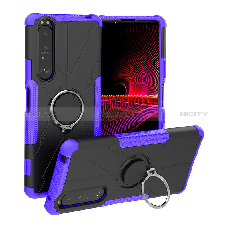 Funda Bumper Silicona y Plastico Mate Carcasa con Magnetico Anillo de dedo Soporte JX1 para Sony Xperia 1 III Morado